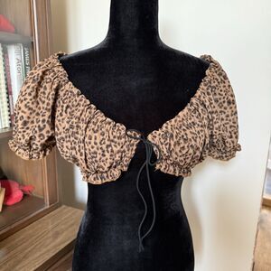 Shein Size Small Brown Top Cropped Leopard Puff Sleeve Bra Top Tie Front Blouse